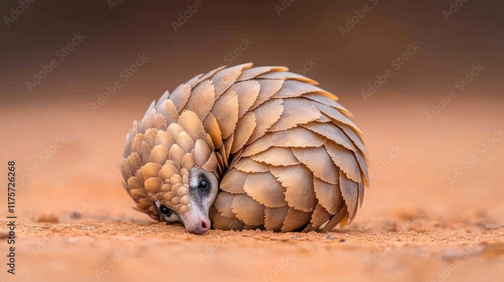 Obraz premium A curled-up pangolin resting on the ground, showcasing its scales.