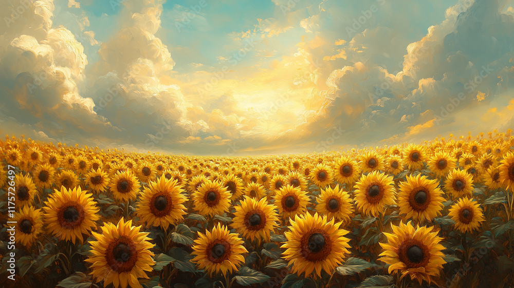 Obraz premium field of sunflowers bright yellow sun