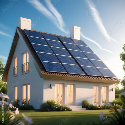 Single family house with solar panels on the roof at sunset or sunrise