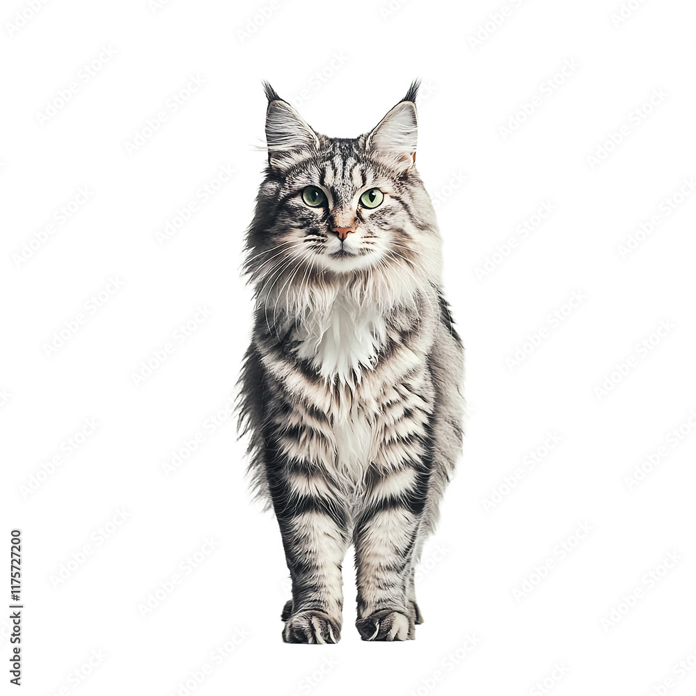 Fototapeta premium a gray and white cat standing on a transparent background, PNG image, PNG file, Generative art.