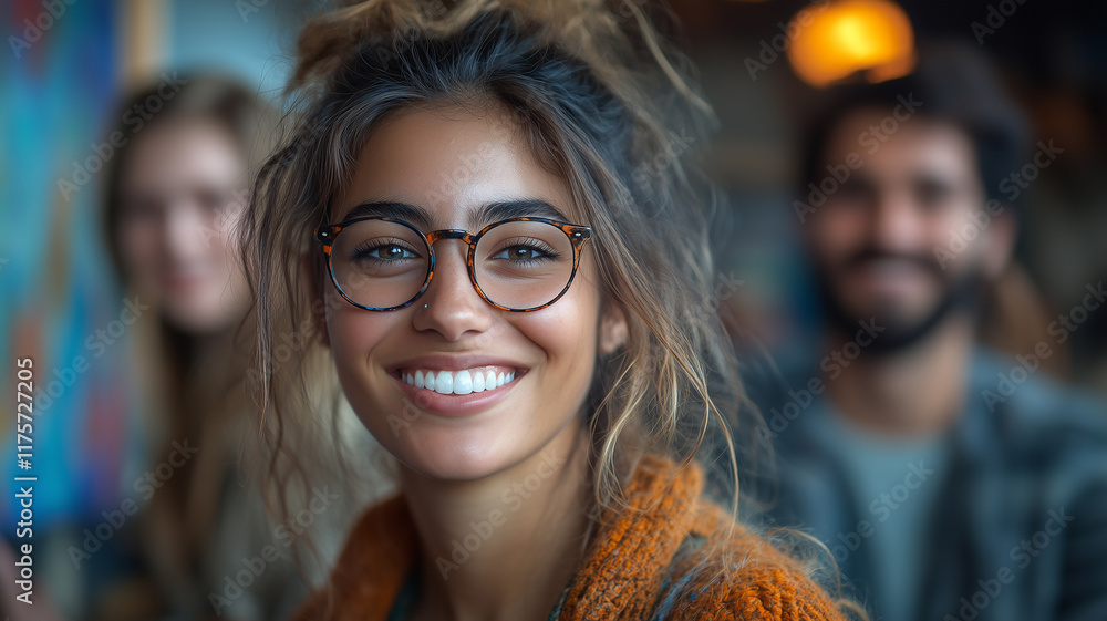 A dark-skinned girl with glasses smiles at the concept of education A dark-skinned girl with glasses smiles at the concept of education