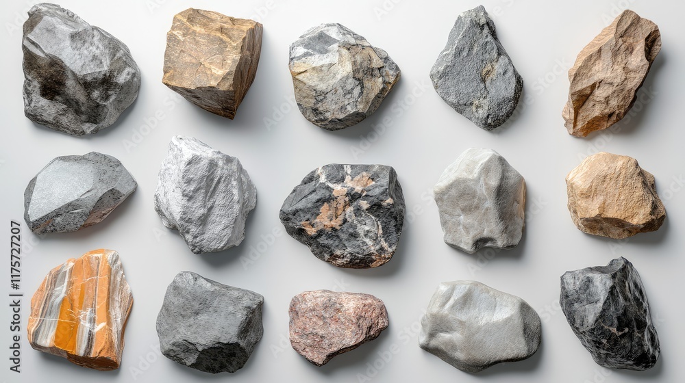 Rock fragments in different shapes and sizes on white Rock fragments in different shapes and sizes on white