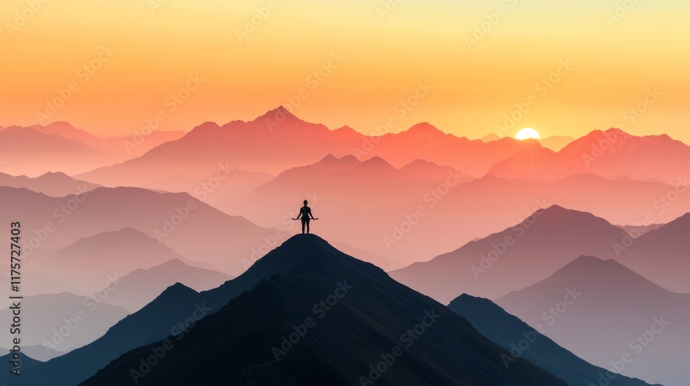 A breathtaking sunset view with a silhouetted figure atop a mountain peak, surrounded by layered mountains and warm, vibrant colors. A breathtaking sunset view with a silhouetted figure atop a mountain peak, surrounded by layered mountains and warm, vibrant colors.