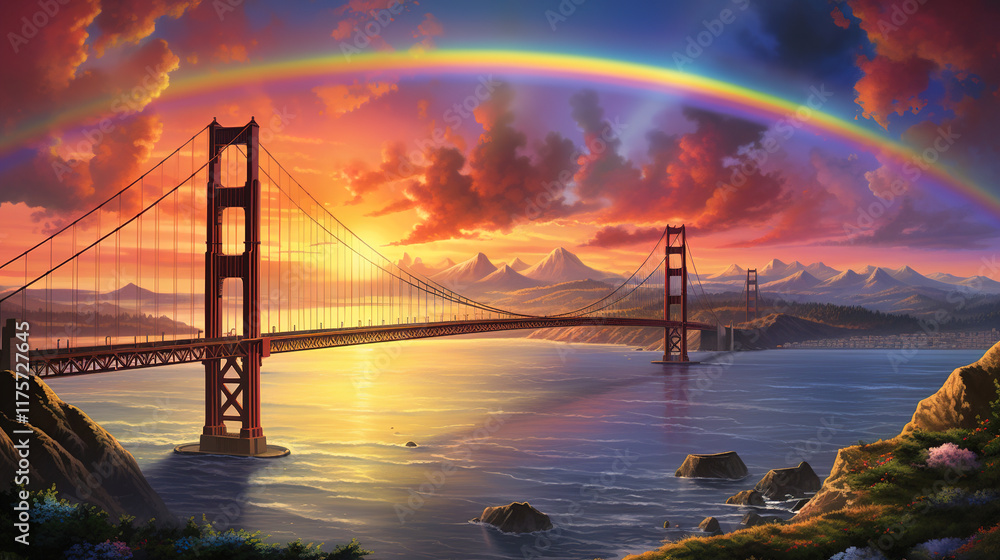 Fototapeta premium Golden Gate Bridge at Sunset with Rainbow