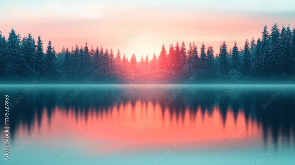 Fototapeta premium A serene lake reflects a colorful sunset, framed by tall evergreen trees, creating a tranquil and picturesque natural scene.