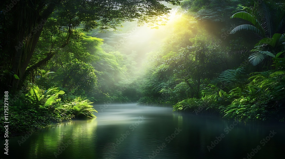Obraz premium Serene River Flowing Through Sunlit Forest with Tranquil Ambiance