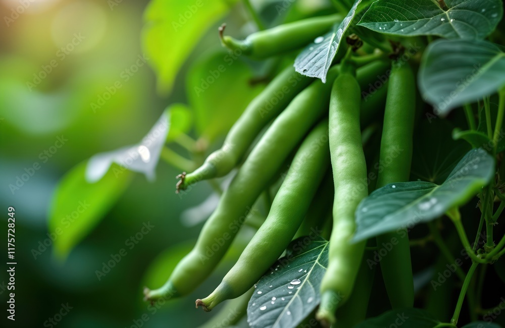 Fresh green beans grow on vine in garden. Lush green leaves surround beans. Close-up view shows vibrant colors and healthy growth. Organic and natural produce in a cultivated garden setting.