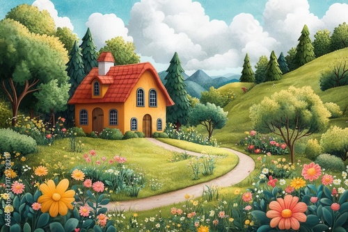 whimsical cartoonstyle illustration of a vibrant farm scene featuring a cheerful barn amidst lush greenery playful elements enhance the joyful pastoral vibe creating a sense of nostalgia and fun