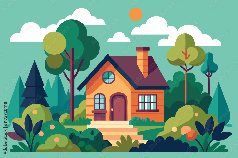 Naklejka premium This cozy home is surrounded by lush greenery, with colorful bushes and vibrant trees on a sunny day, A stylized representation of a cozy home surrounded by a lush garden