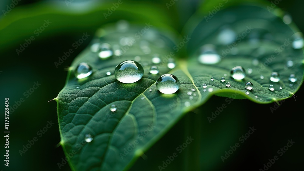 Green Leaf With Fresh Dew Drops Highlighted in Natural Light
Green Leaf With Fresh Dew Drops Highlighted in Natural Light