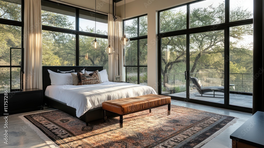 Modern bedroom with large windows and nature view.