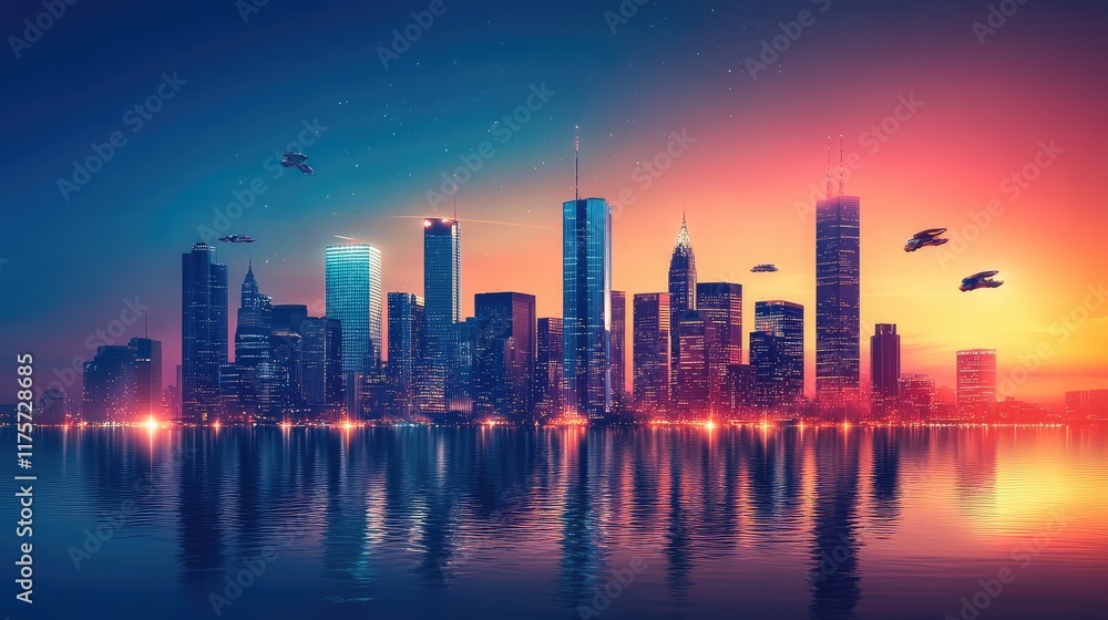 Fototapeta premium Skyline of a futuristic city with towering skyscrapers and flying cars