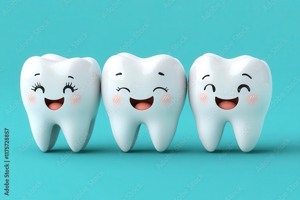 whimsical illustration of cute smiling tooth characters with expressive faces set against a bright blue turquoise background radiating joy and promoting dental health in a playful manner