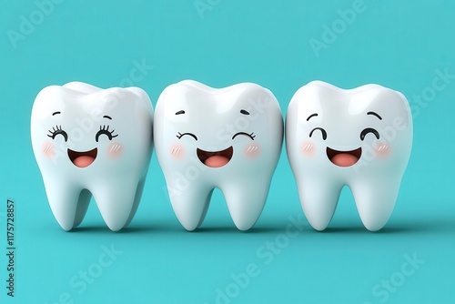 Obraz na płótnie whimsical illustration of cute smiling tooth characters with expressive faces set against a bright blue turquoise background radiating joy and promoting dental health in a playful manner w salonie
