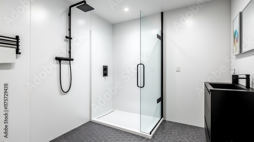Modern bathroom featuring a sleek shower and minimalist design.