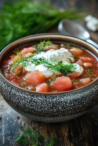 rich and hearty shot of russian borscht with sour cream and fresh dill served in traditional bowl on rustic table with photo