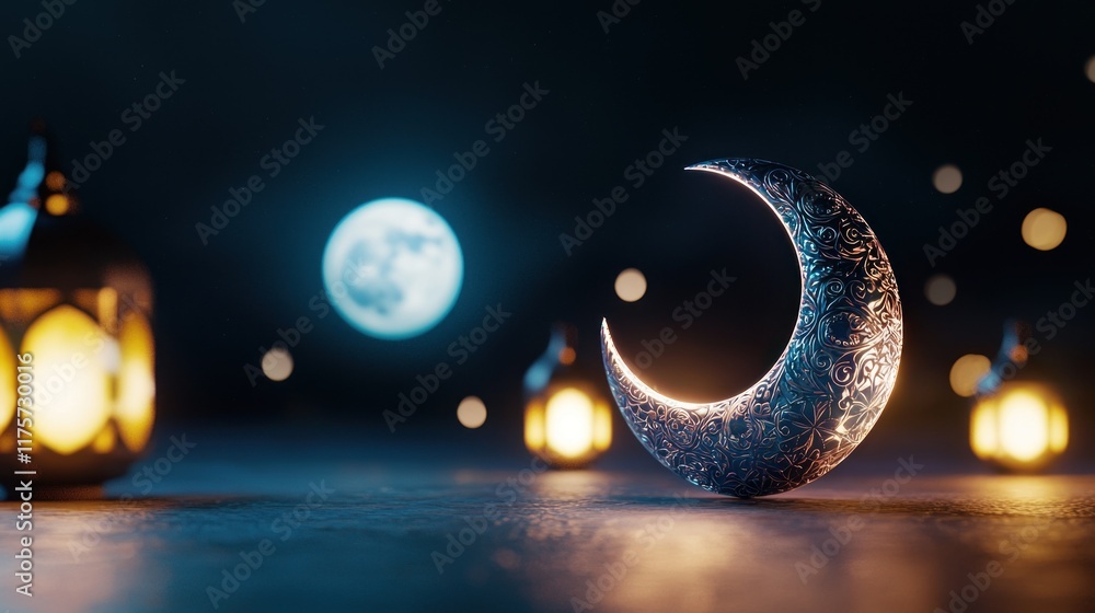 Fototapeta premium A serene night scene featuring a crescent moon and lanterns.