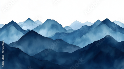 A decorative silhouette of watercolor mountains in a gradient of blue tones, from dark to pale, hand-drawn on textured paper for page design.
