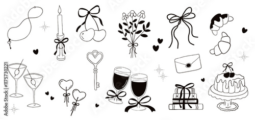 Set of cute coquette bows, ribbons, glasses, flowers, cherry, hearts, candy. Elegant vintage cliparts in Hand drawn line art girly decor Vector illustration.