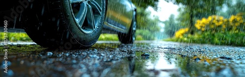 Close-up of a car tire splashing on a wet road during heavy rain in a lush environment