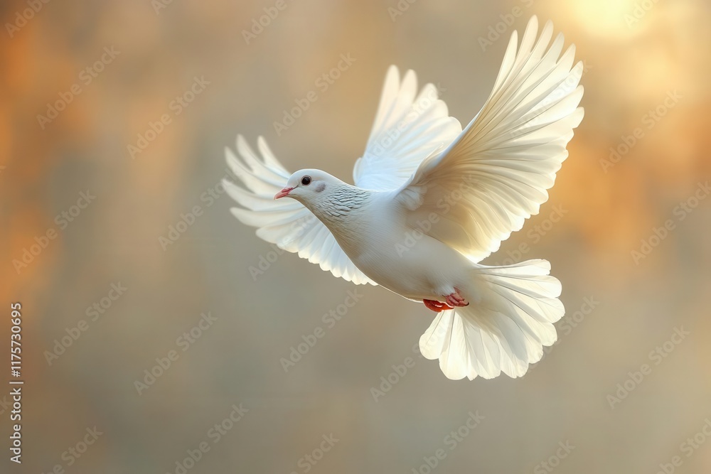 Fototapeta premium winged dove gracefully soaring against a soft background symbolizing the holy spirit with ample copy space for spiritual messages encapsulating peace and hope