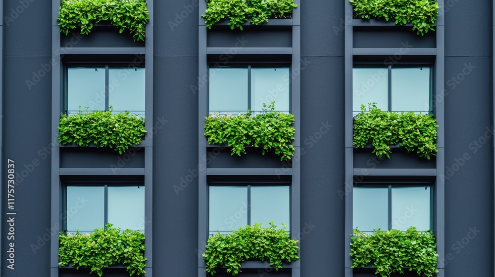 Fototapeta premium Sustainable business practices corporate office with vertical gardens and solar panels in urban environment