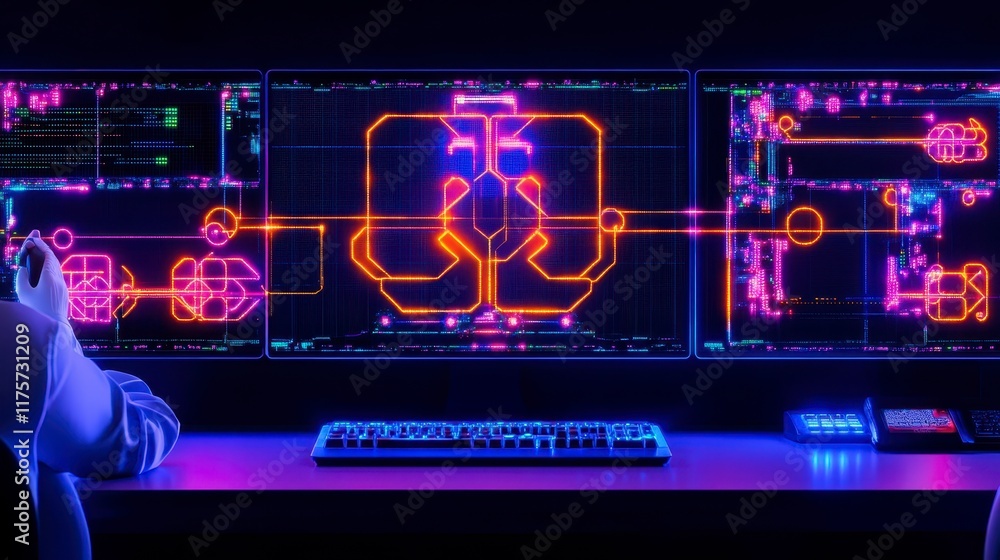 Obraz premium Futuristic Programmer Working on Neon Circuit Board Design on Multiple Monitors