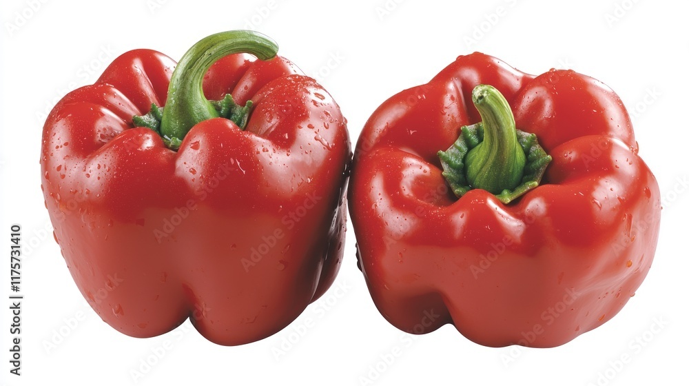 Two fresh red bell peppers with a glossy surface. Two fresh red bell peppers with a glossy surface.