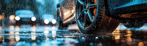 Car wheels spray water during heavy rain on busy urban streets in rush hour