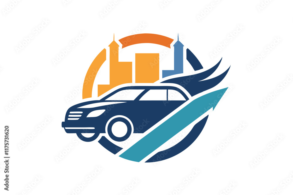 Obraz premium This artwork creatively represents the dynamic nature of car sales with an urban skyline backdrop, A subtle nod to the business of selling cars, minimalist simple modern vector logo design