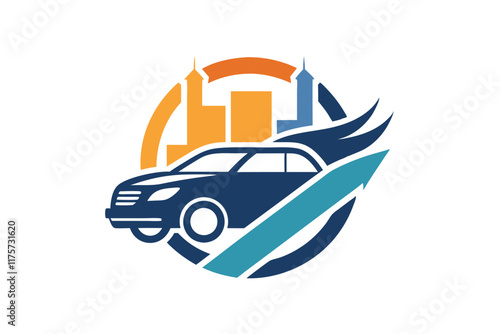 This artwork creatively represents the dynamic nature of car sales with an urban skyline backdrop, A subtle nod to the business of selling cars, minimalist simple modern vector logo design