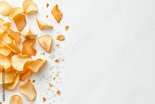 Crispy golden potato chips scattered on a pristine white background, isolated with clipping path, high-resolution, sharp focus, full depth of field