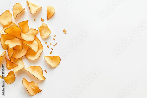 Crispy golden potato chips scattered on a pristine white background, isolated with clipping path, high-resolution, sharp focus, full depth of field