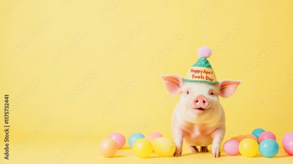Naklejka premium Happy pig wearing festive hat surrounded by colorful eggs in a cheerful setting for April Fools Day celebration