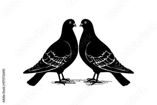 Two pigeons in facing positions, depicted in a black silhouette style on a white background. Concept of love, companionship, or nature