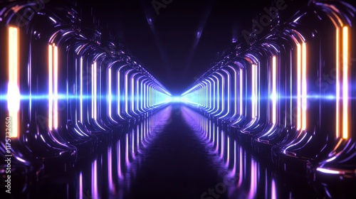 Futuristic Purple and Orange Neon Lights Corridor Abstract 3D Render Glowing Columns Virtual Reality