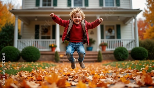 Fototapeta Naklejka Na Ścianę i Meble -  Young boy leaps joyfully into a colorful pile of autumn leaves in front of a decorated house. Festive fall activity in a suburban neighborhood. He is happy and excited. Vibrant seasonal scene.