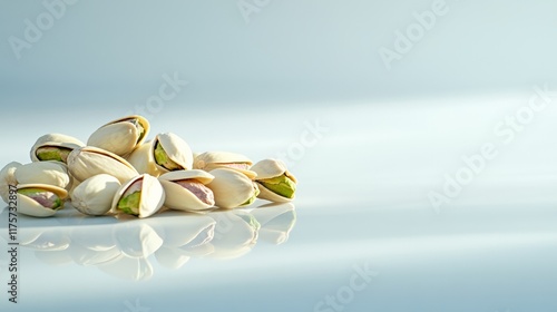 Pistachio nuts are arranged on a reflective surface, creating a visually appealing composition against a smooth gradient backdrop, emphasizing the textures and colors of these popular snacks photo