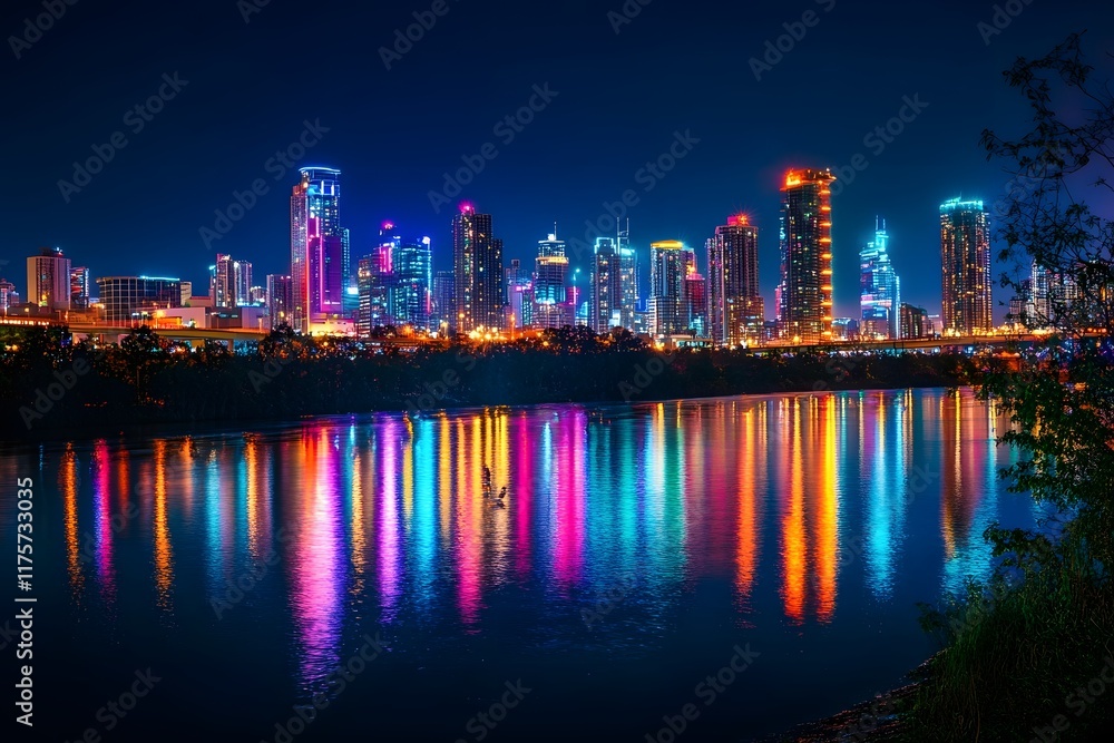 Naklejka premium Vibrant Illuminated Cityscape Reflecting on Water at Night