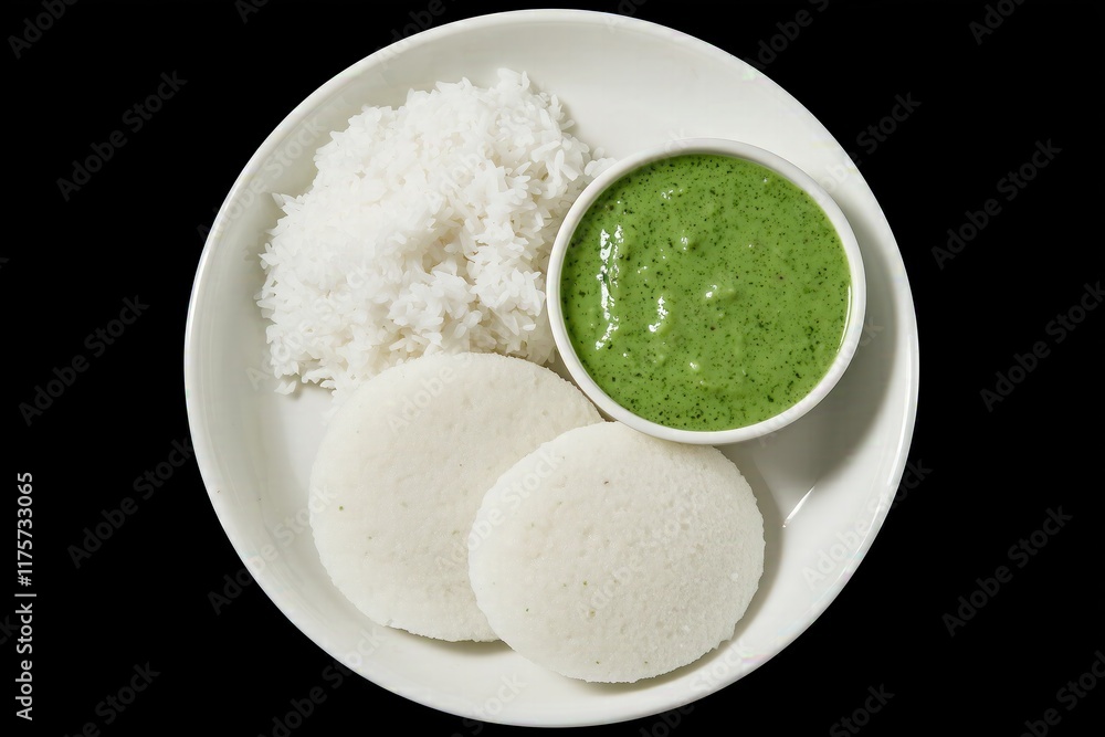 plate of South Indian Idli sambhar steamed rice cakes fluffy white rice and vibrant green chutney simple yet delicious meal plate of South Indian Idli sambhar steamed rice cakes fluffy white rice and vibrant green chutney simple yet delicious meal