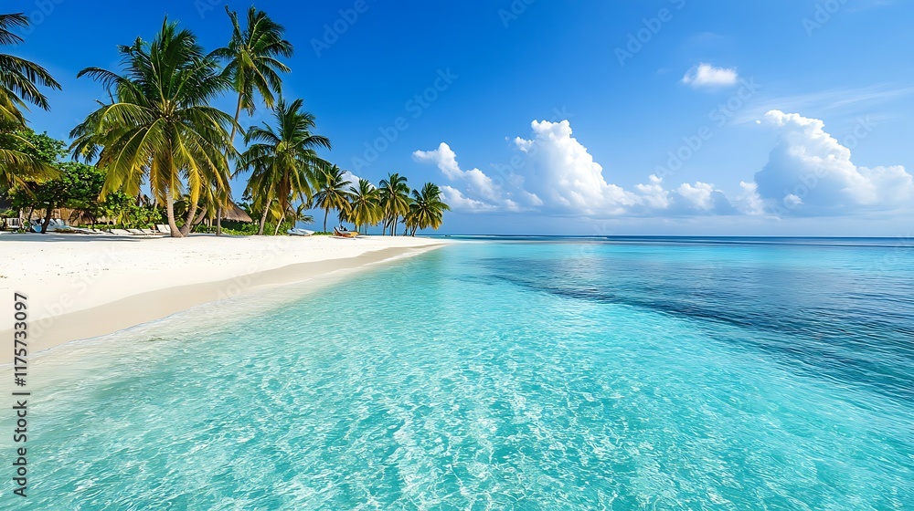 Fototapeta premium A tropical island with white sandy beaches, clear turquoise waters, and palm trees swaying in the breeze