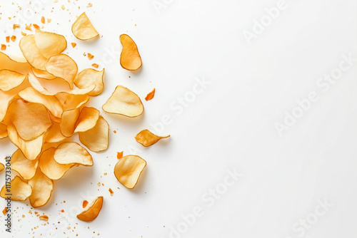 Crispy golden potato chips scattered on a pristine white background, isolated with clipping path, high-resolution, sharp focus, full depth of field