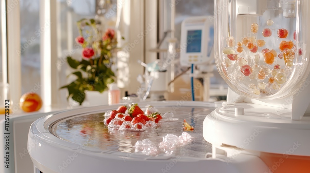 Fototapeta premium Fresh Strawberries Floating in Water with Laboratory Equipment Background