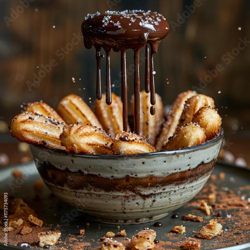 Bowl of churros with chocolate drizzled on top photo