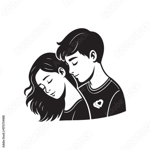 cute young couple lover boyfriend and girlfriend male and female character heart love icon silhouette vector art flat design