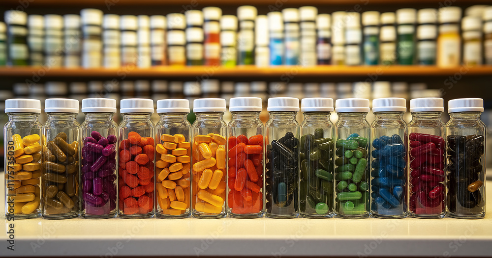 A row of different pills and capsules in various colors, neatly arranged on the counter inside an pharmacy with shelves filled with medical supplies in background A row of different pills and capsules in various colors, neatly arranged on the counter inside an pharmacy with shelves filled with medical supplies in background