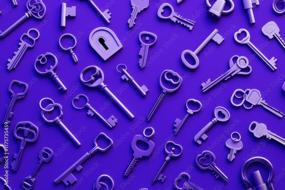 The bright collection of locks and keys, made in purple tones, playfully emphasizes the theme of security The bright collection of locks and keys, made in purple tones, playfully emphasizes the theme of security