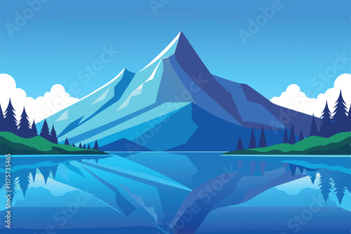 A mountain is beautifully reflected in calm waters, surrounded by lush greenery and blue sky, A tranquil scene of a mountain reflected in a clear blue lake