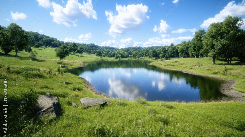 Serene landscape with a calm lake and lush greenery under blue skies. Serene landscape with a calm lake and lush greenery under blue skies.
