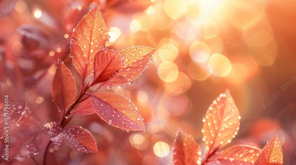 Fototapeta premium Nature inspired banner with blurred botanical elements and dew kissed leaves in sunlight